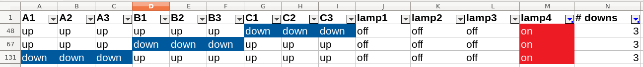 lamp 4 combinations in a spreadsheet
